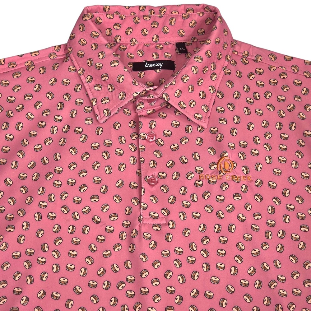 Breezy Polo Shirt Mens XL Pink Rose Creek Golf Oklahoma Bagel‎ Sandwich Food